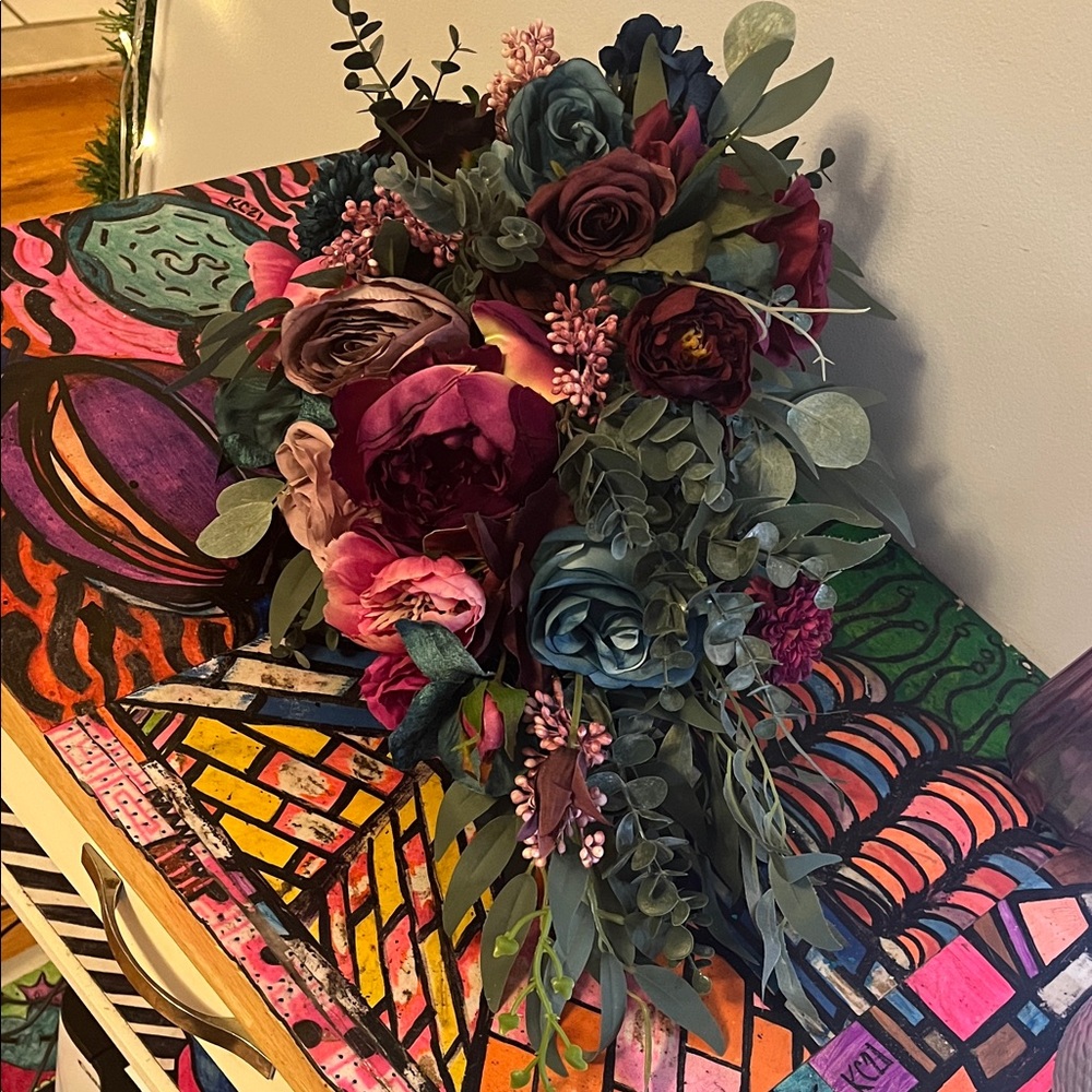 BRIDE:: Elegant Floral Arrangement with Burgundy and Blue Accents